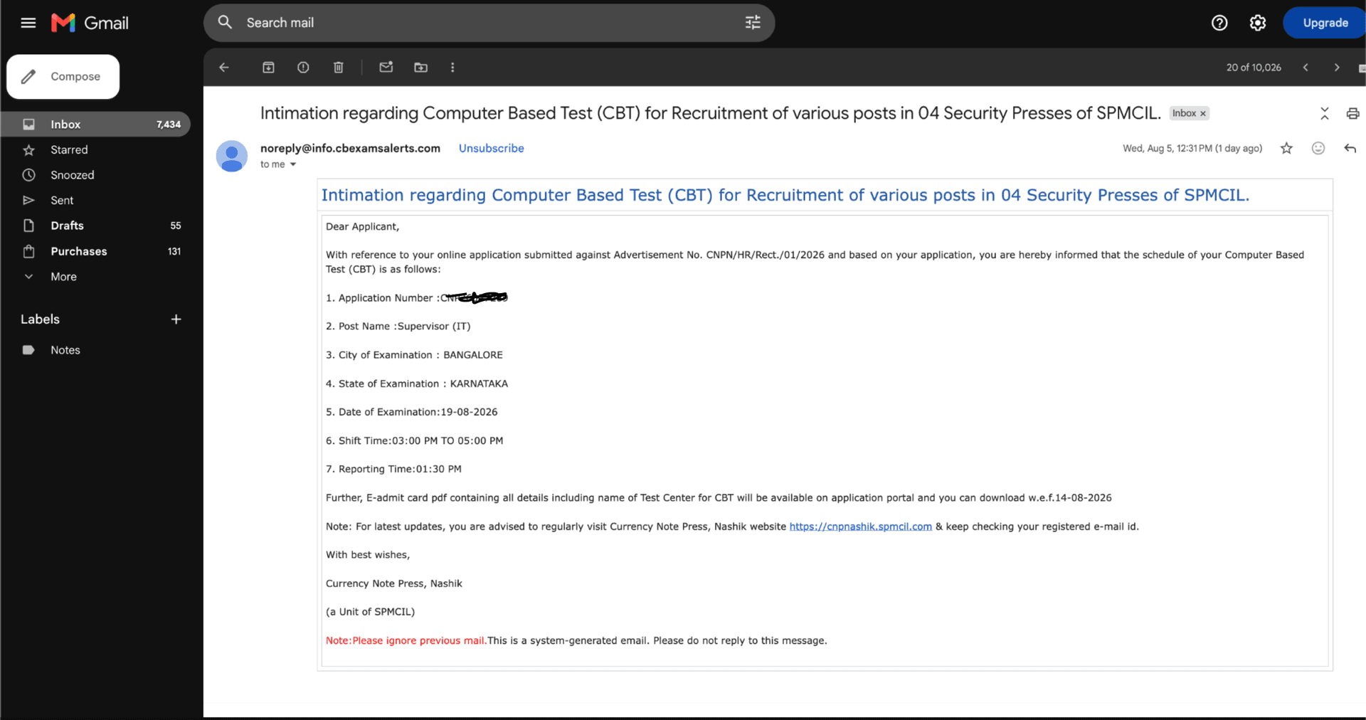 SPMCIL CBT Exam Date Intimation Email Proof